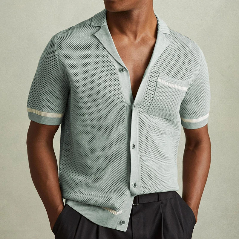 Vintage Mens Striped Shirts Knitting Hollow Out Short Sleeve Lapel Buttoned Cardigan Tops Men Summer Fashion Pocket Knit Shirt