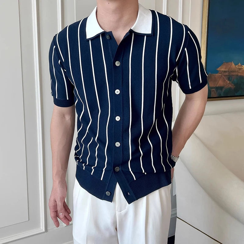 Casual Mens Knitting Shirts Vintage Contrast Color Striped Knit Cardigan Tops Men 2025 Summer Fashion Buttoned Lapel Slim Shirt