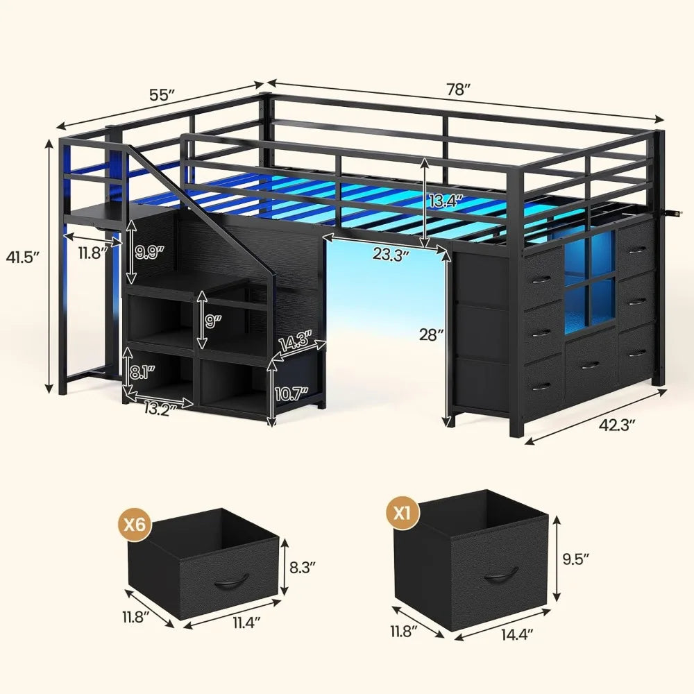 Low Loft Bed Twin Size with Stairs, LED Lights, 7 Drawers & Storage for Kids, Black