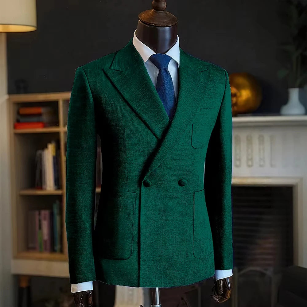 Luxury Men's Classic Suit Blazer Linen Double Breasted Notch Lapel Formal Groom Wedding Dress Jacket Lightweight Sport Coat