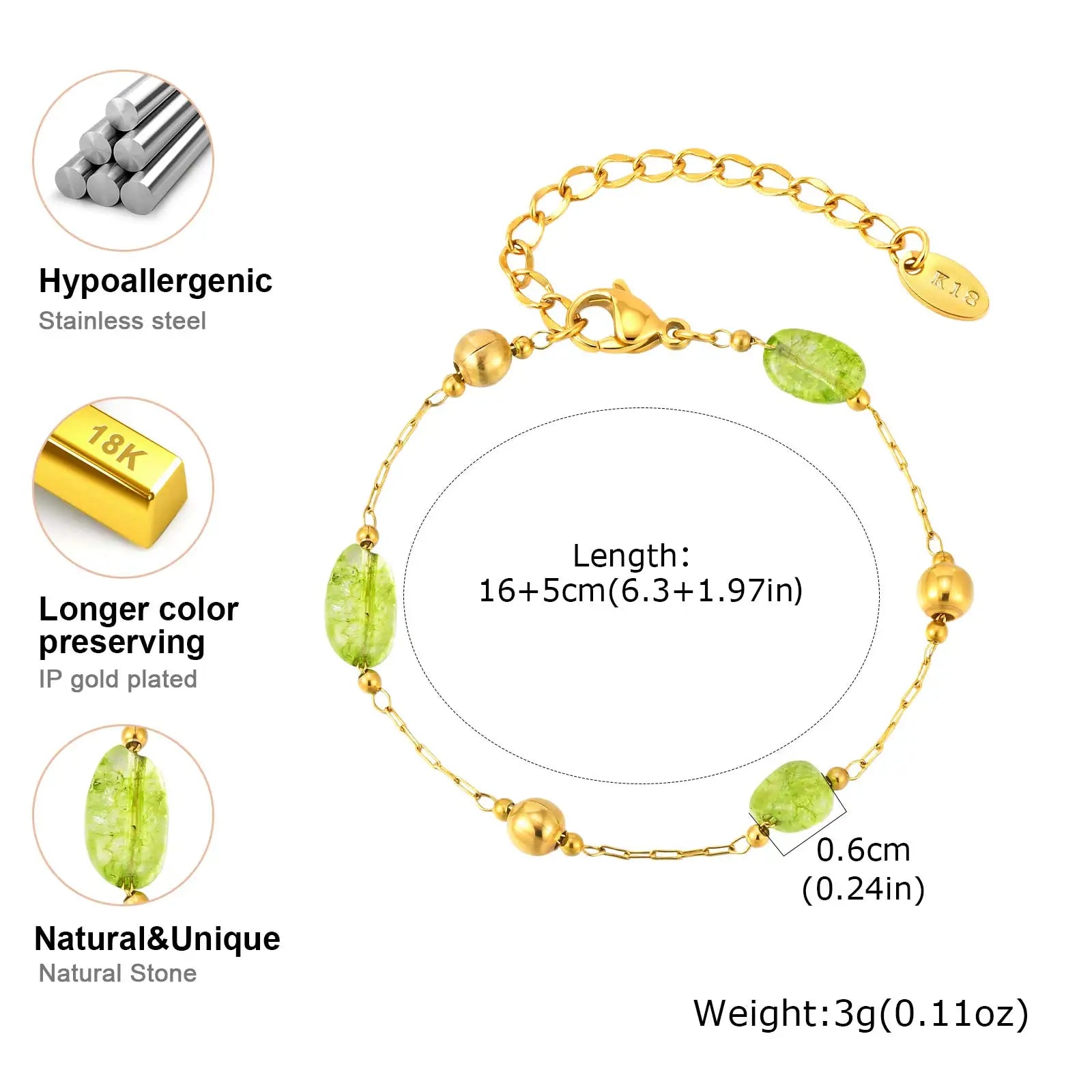 Fashion Green Natural Stone Bracelets for Women Stainless Steel Spacer Bead Bracelet 18K Gold Plated Jewelry Gift