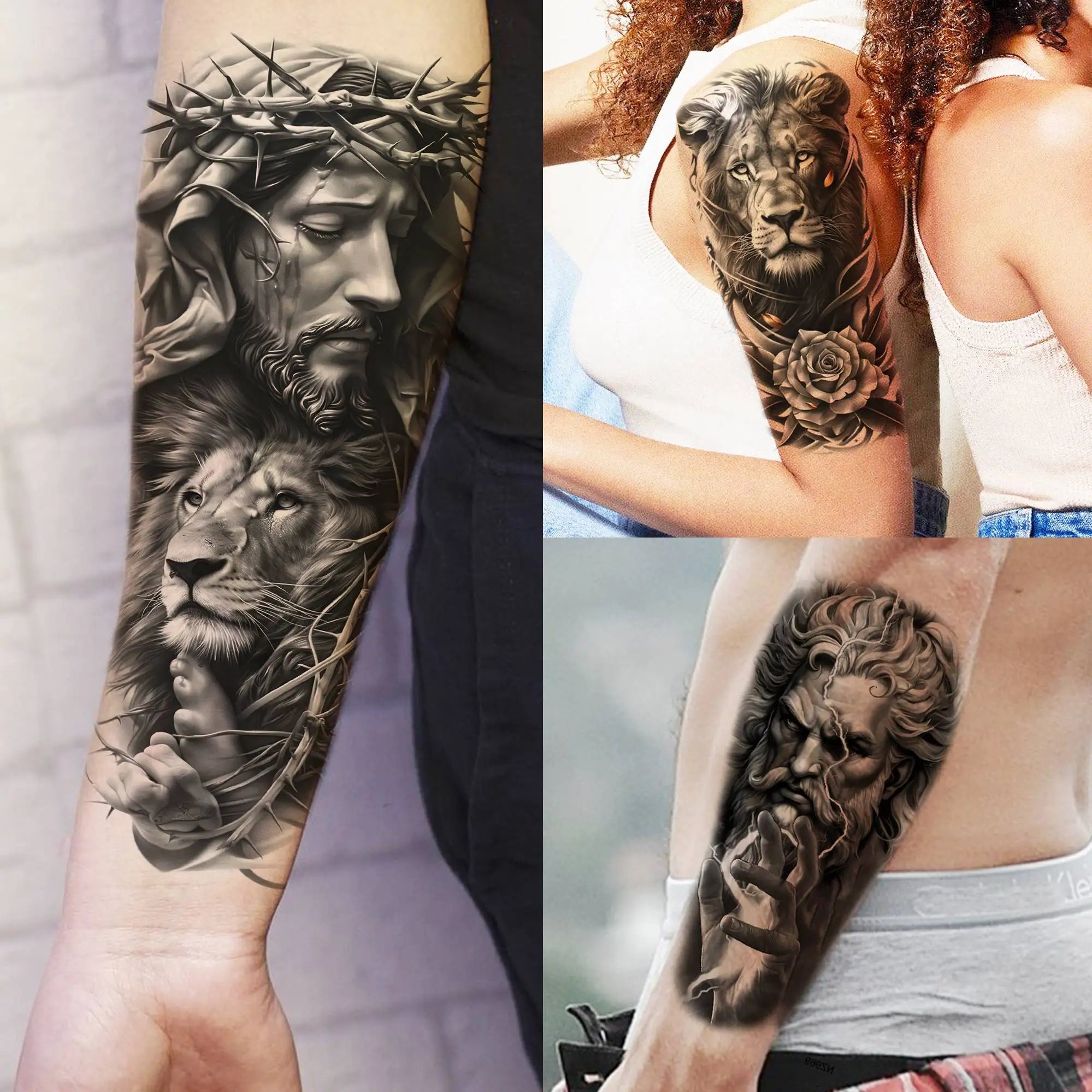 73 Sheets Cool Lion Wolf Temporary Tattoos For Men Women Waterproof Jesus Zeus Tatoos Realistic Fake Tattoo Arm Hands Stickers