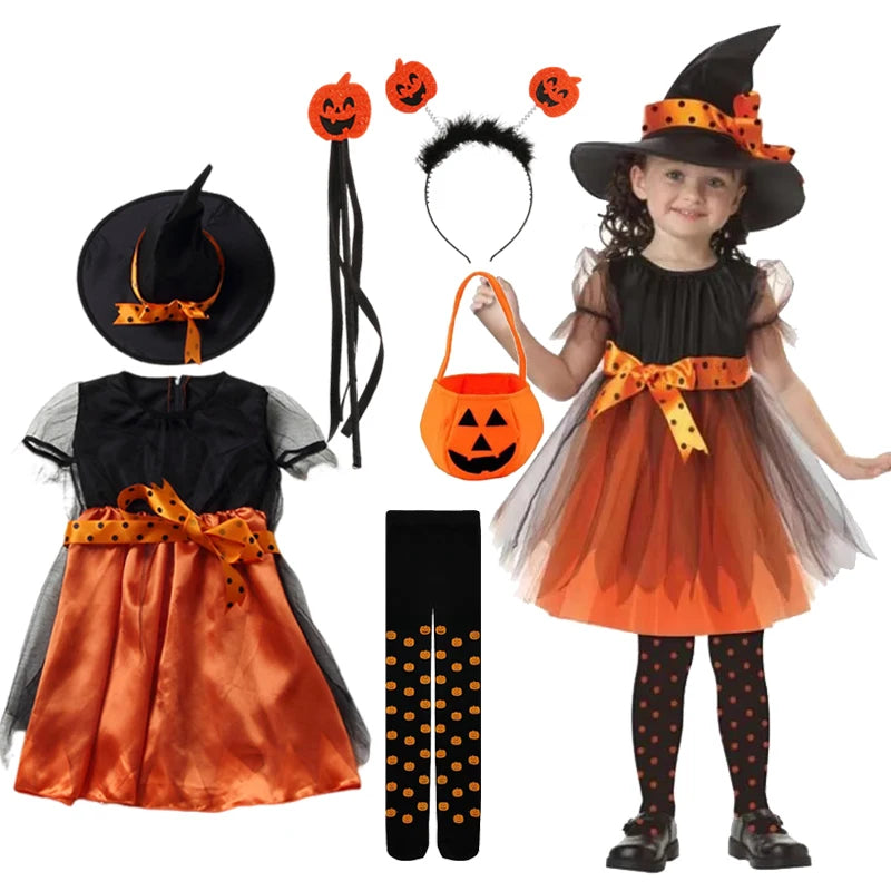 2026 Girls Halloween Cosplay Kids Children Pumpkin Costume Witch Dress Clothing Set With Hat Bag