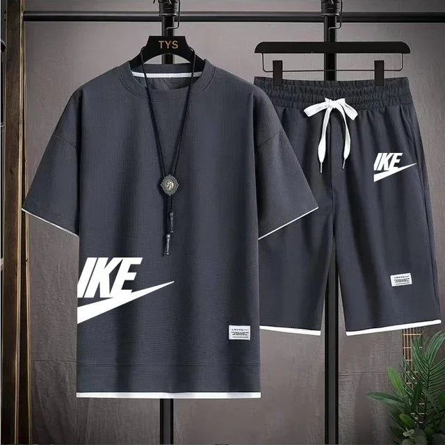 Summer fashion short-sleeved T-shirt + sports shorts set, men's casual jogging and fitness sportswear breathable two-piece set