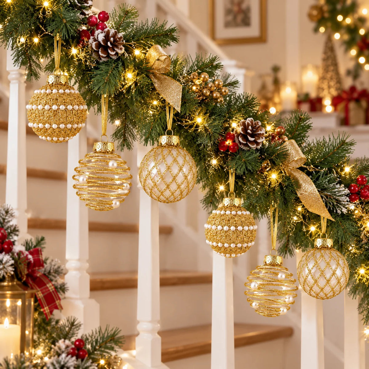6 Pcs 6cm Gold Clear 3 Designs Glitter Pearl Christmas Balls Shatterproof Xmas Tree Hanging Ornaments for Holiday Party Decor
