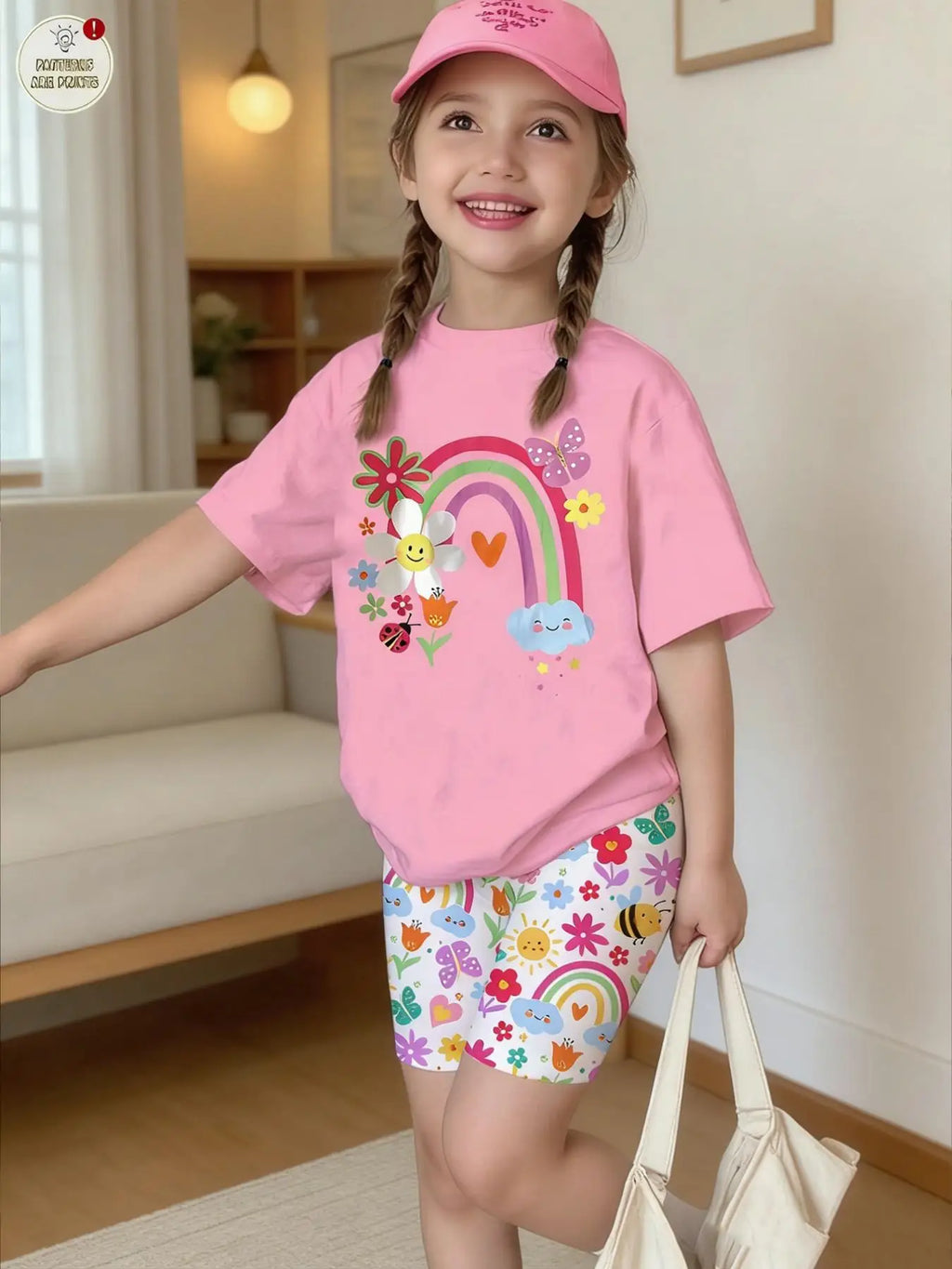 Girls' Summer Casual Outfit, Children's Sweet and Romantic Rainbow Floral Print Set, Pink Short-Sleeve Top + Tight Leggings Two-Piece Set, Suitable for Girls Aged 4-12, Versatile Clothing for Home, Leisure, and Outings