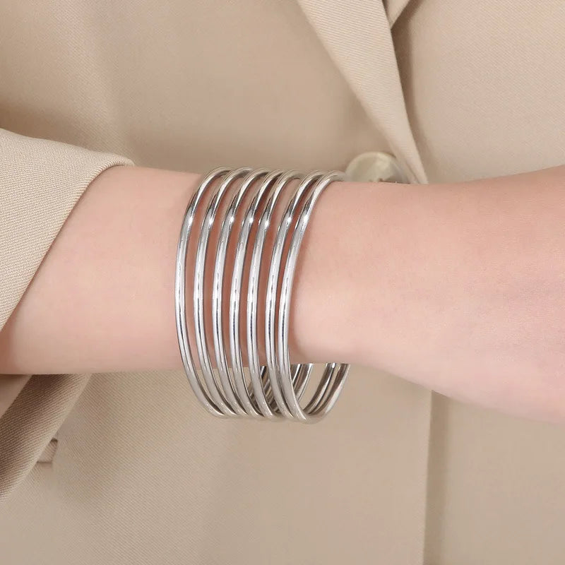 7pcs /set Lot Women Girls Bracelet Stainless Steel 3mm Thin Round Wire Plain Cuff Bangle Multi-color Joint layered 65mm KB63146