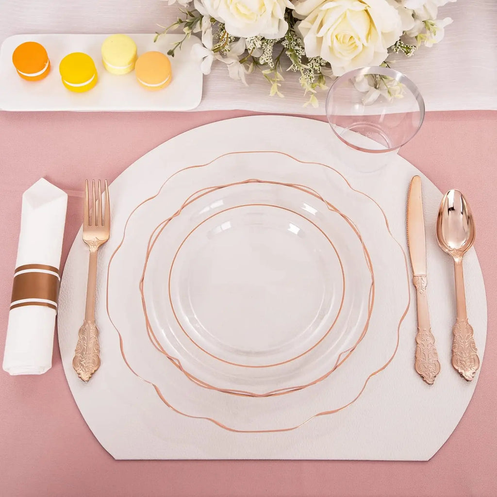 350PCS Rose Gold Plastic Plates - Clear Rose Gold Disposable Dinnerware Set - Include 100 Dinner/Dessert Plates,50 Cups,50 Pre R