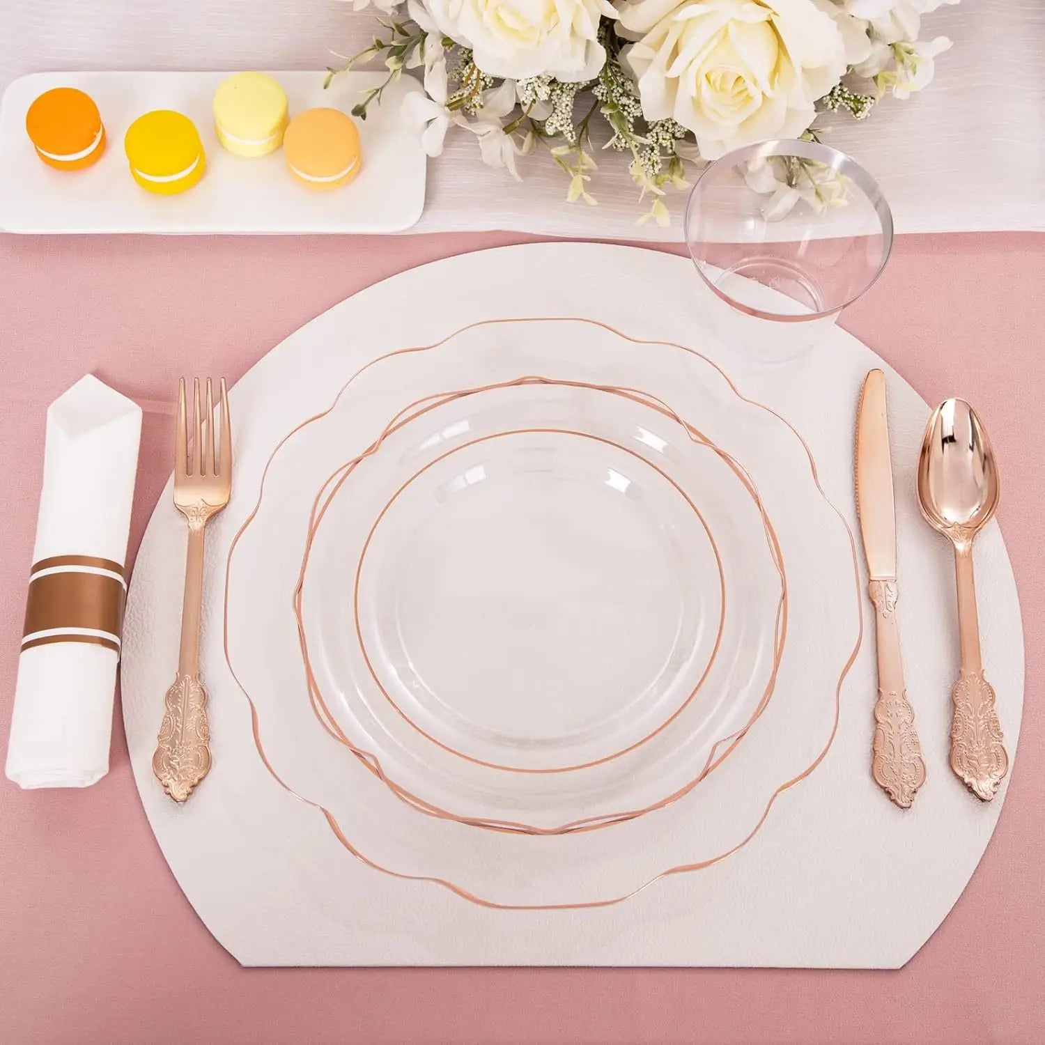 350PCS Rose Gold Plastic Plates - Clear Rose Gold Disposable Dinnerware Set - Include 100 Dinner/Dessert Plates,50 Cups,50 Pre R