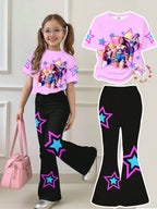 Girl K-Pop Cartoon Idol Print 2-piece Set Pink Tie Dye Short Sleeved T-shirt Purple Flared Pants Children's Casual Sportswear