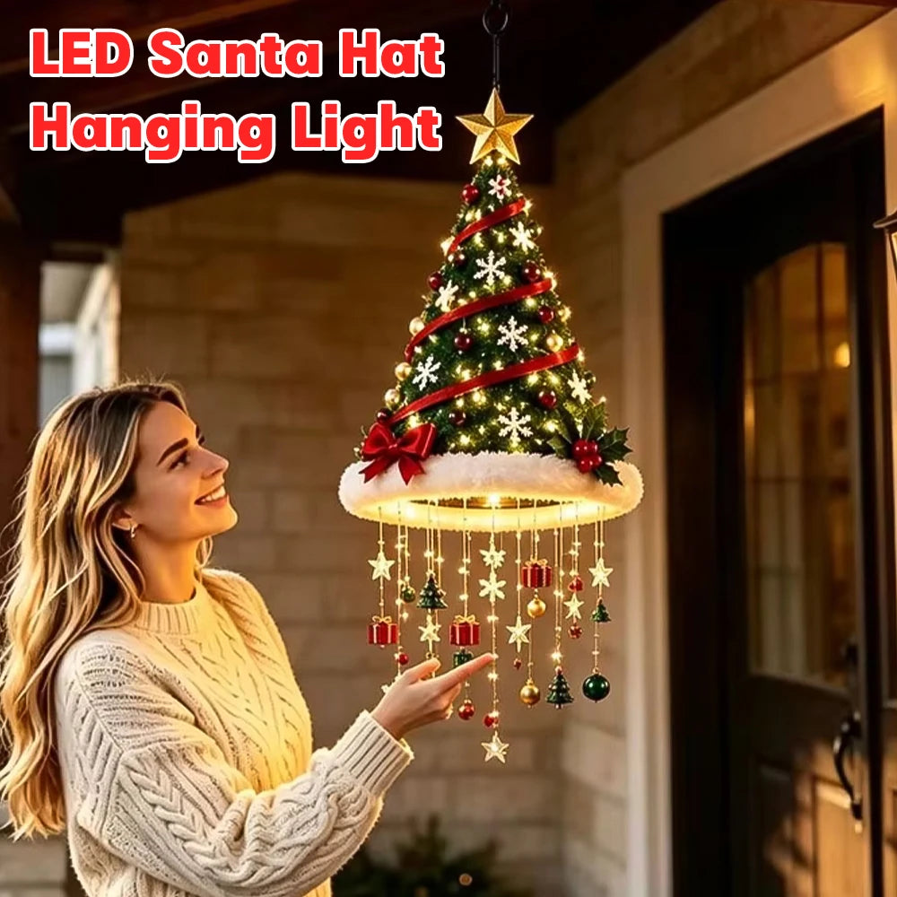 LED Santa Hat Hanging Light Christmas Pendant Lamp with Tassel Bell Star Ornaments Xmas Holiday Party Home Wall Ceiling Decor