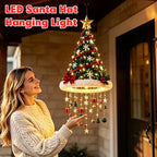 LED Santa Hat Hanging Light Christmas Pendant Lamp with Tassel Bell Star Ornaments Xmas Holiday Party Home Wall Ceiling Decor
