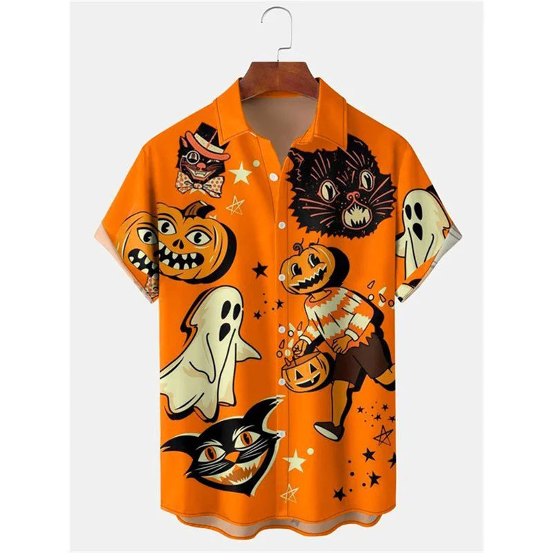Pumpkin Bat Graphic Hawaiian Shirt For Men Women Halloween 3D Printed Aloha Shirts Summer Casual Short Sleeve Blouse Lapel Tops