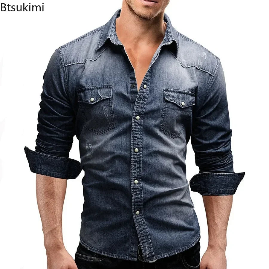 New 2026 Men's Denim Shirt Fashion Short Sleeve Soft Solid Slim Cowboy Tops Men Trend Streetwear Vintage Casual Cardigan T-shirt