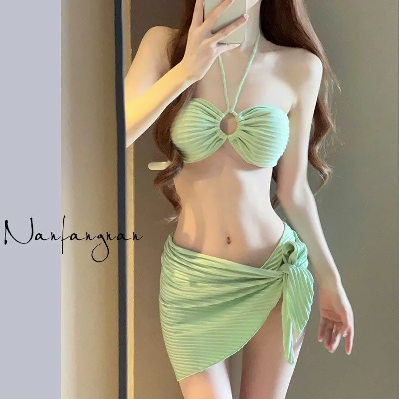 Women's Rose Pink Three-Piece Bikini Set Sexy Triangle Luxury Swimwear for Beach & Hot Spring Flattering Vacation Swimsuits