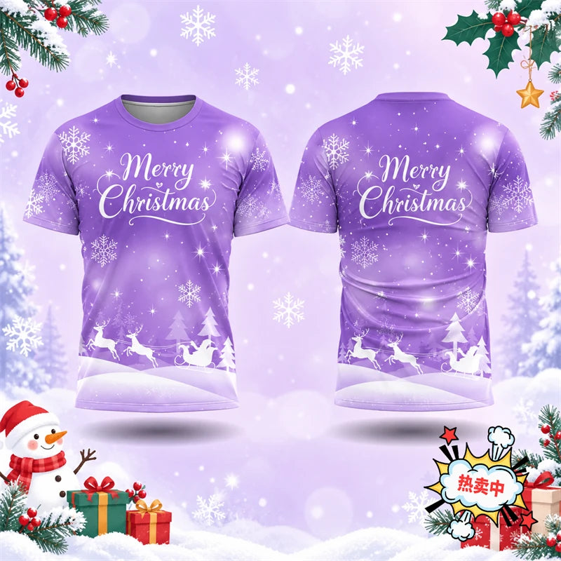 2026 New Merry Christmas T Shirt For Men Women 3D Print Snowflake Reindeer Sleigh Graphic Short Sleeve Xmas Tee Holiday Family