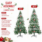 7FT 8FT Snow Flocked Artificial Christmas Tree with Pine Cones & Red Berries, Hinged Xmas Tree with Foldable Metal Stand for Indoor Holiday Home Decor