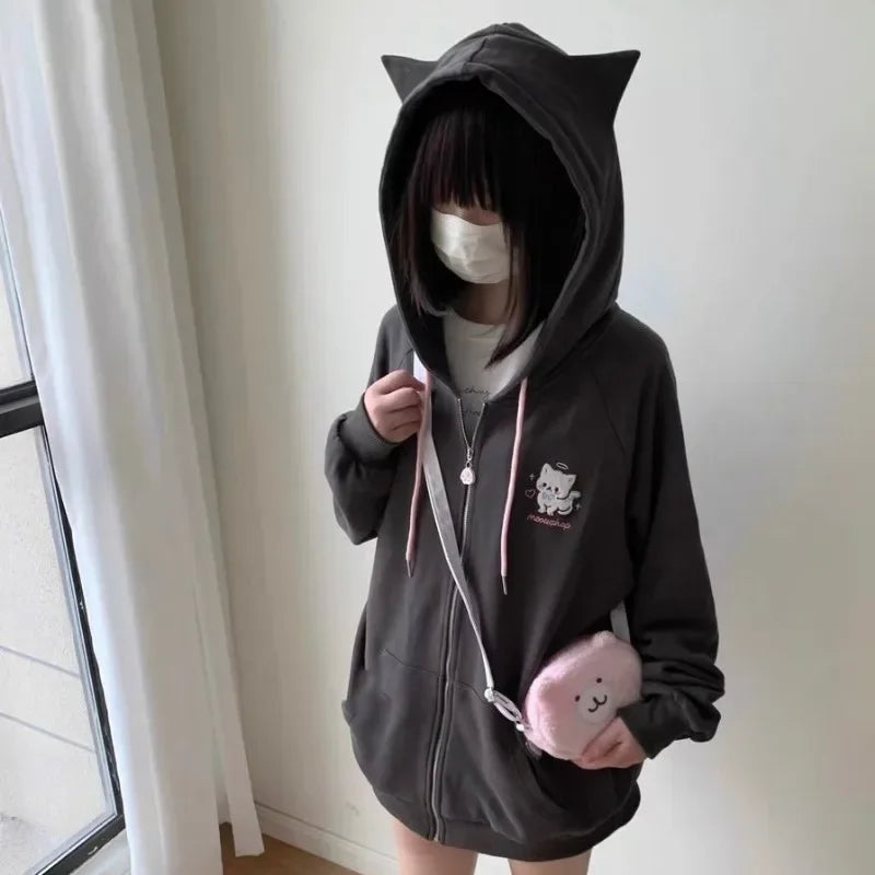 America Cartoon Cat Embroidery Cardigan Y2k Hooded Zipper Sweatshirt Women Streetwear Aesthetics Grunge Sweet Tops Harajuku Coat