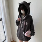 America Cartoon Cat Embroidery Cardigan Y2k Hooded Zipper Sweatshirt Women Streetwear Aesthetics Grunge Sweet Tops Harajuku Coat