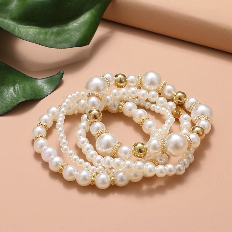 4Pcs Trendy Pearl Love Beaded Bracelet Set For Women Beads Adjustable Elastic Chain Bangle Female Luxury Party Jewelry Gift
