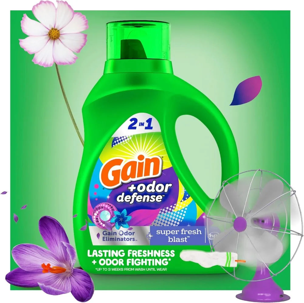 Gain Odor Defense Liquid Laundry Detergent, Super Fresh Blast, 194 fl oz, 134 Loads, HE Compatible