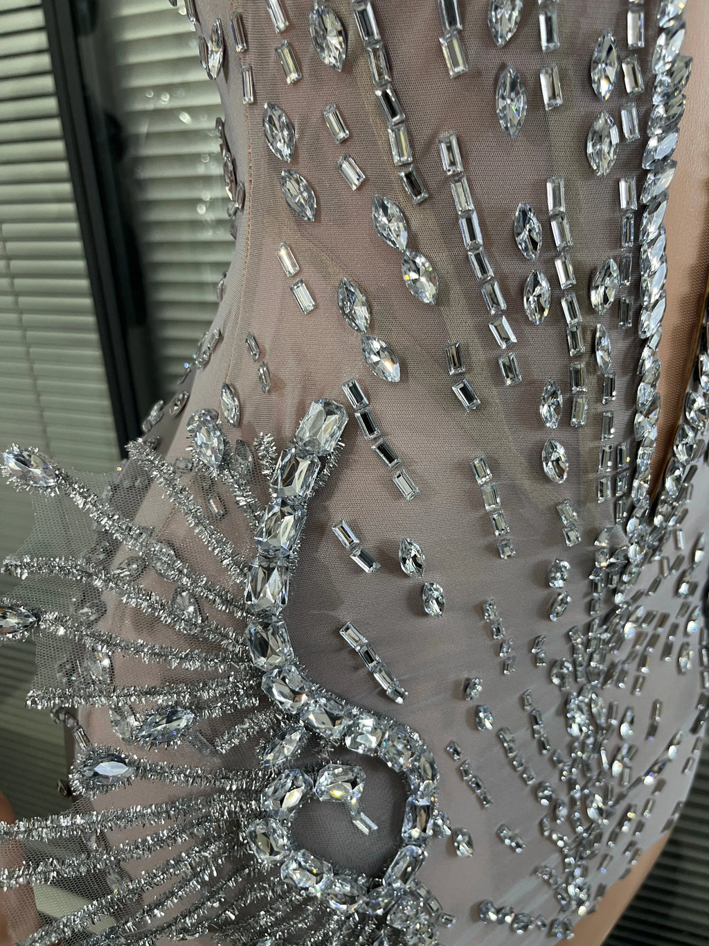 Luxury Deep V Neck and Sculptural Rhinestone Silver Crystal Mesh Mini Dress  Accents for Photoshoots and Red Carpet