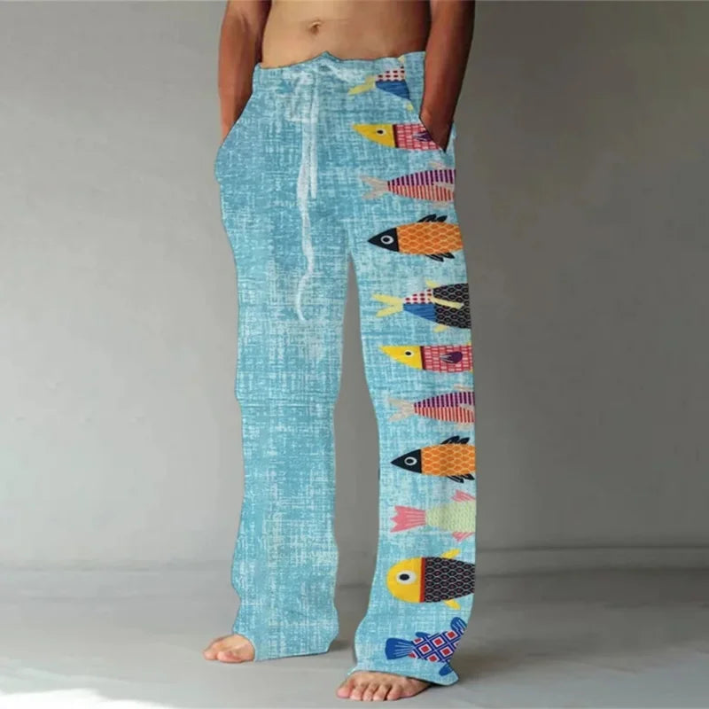 Loose And Casual men's New Bamboo Leaf 3D Printed sweatpants, Versatile And Fashionable Pocket Drawstring Sports Pants