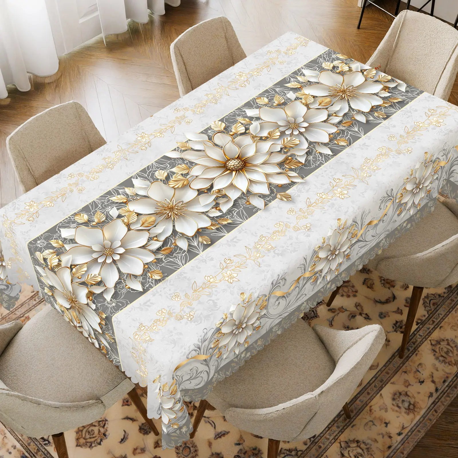 Elegant Floral-Themed Printed Tablecloth, High-Quality White and Gold Pattern, Embossed Edges, Durable, Waterproof, Oil-Proof, Stain-Resistant, Wrinkle-Resistant, Non-Fading, Machine Washable, Reusable, Perfect Gift for Famil