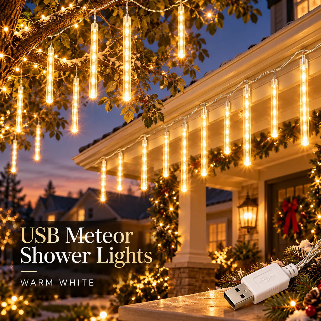 Christmas USB Meteor Shower Fairy Lights Falling Rain Icicle String Lights for Wedding Window Bedroom Cozy Home Holiday Decor