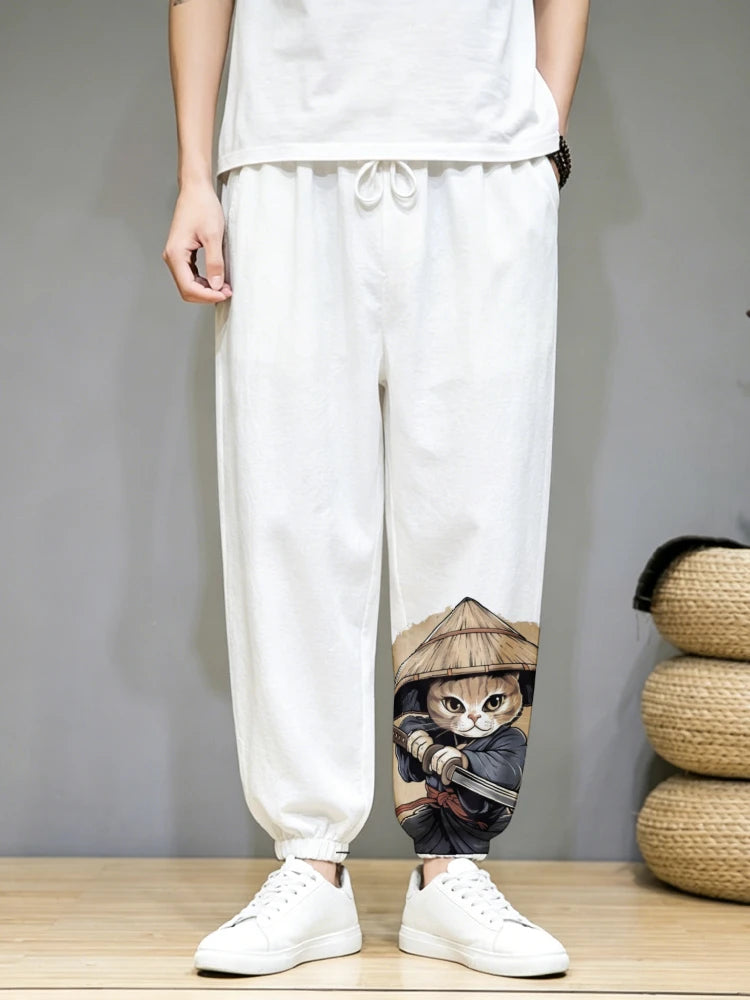 Men's Clothing Japanese Long Pants Vintage Frog In Kimono And Unhappy Cat Art Print Trousers Loose Drawstring Waist Sweatpants