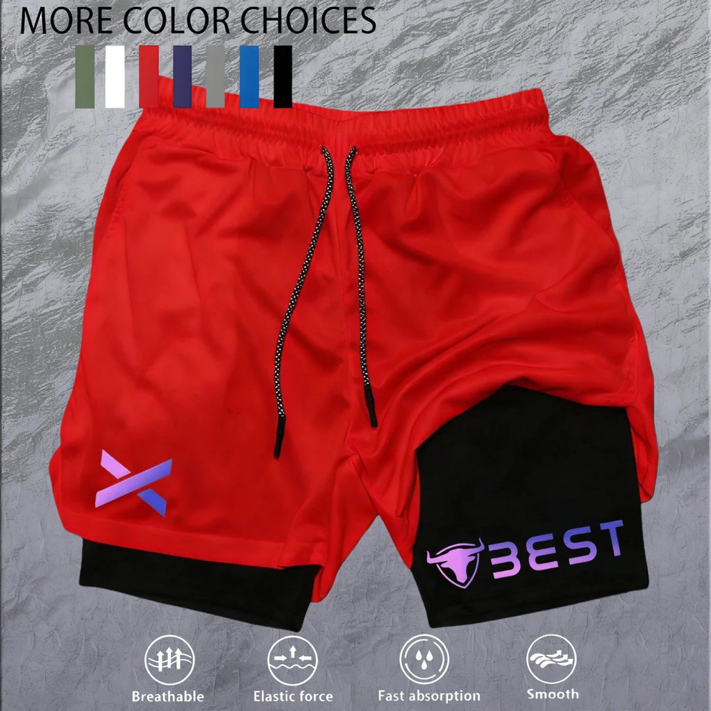 Men's Double Layer Fitness Shorts Men Fitness Gym Training 2 in 1 Sports Shorts Quick Dry Workout Jogging Double Deck Summer
