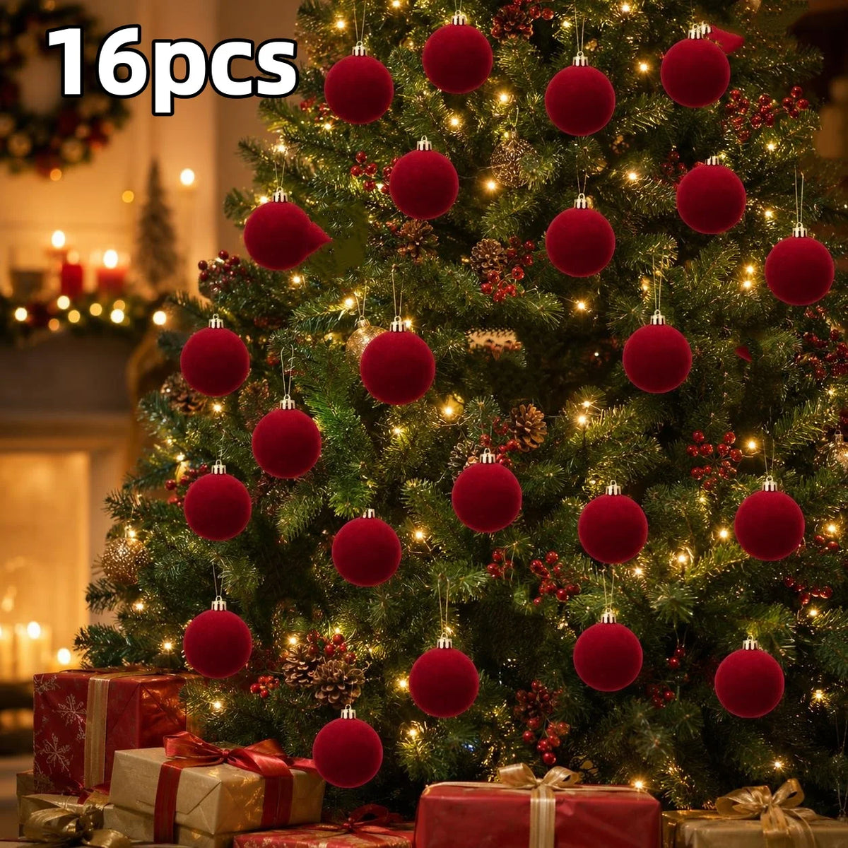 34/16-Piece Set of Burgundy Velvet Christmas Balls, Perfect Home Decoration Tree Ornaments - Christmas Ball Decorations for Halloween, Thanksgiving, Birthdays, and Weddings, Durable Plastic Hanging Decorations for Christmas T