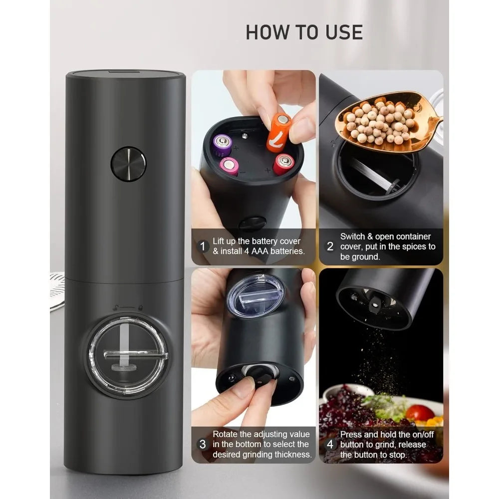 2pcs Electric Pepper and Salt Grinder Set, Battery Powered Adjustable  Coarseness Black Pepper Grinder Mill Kitchen Tools