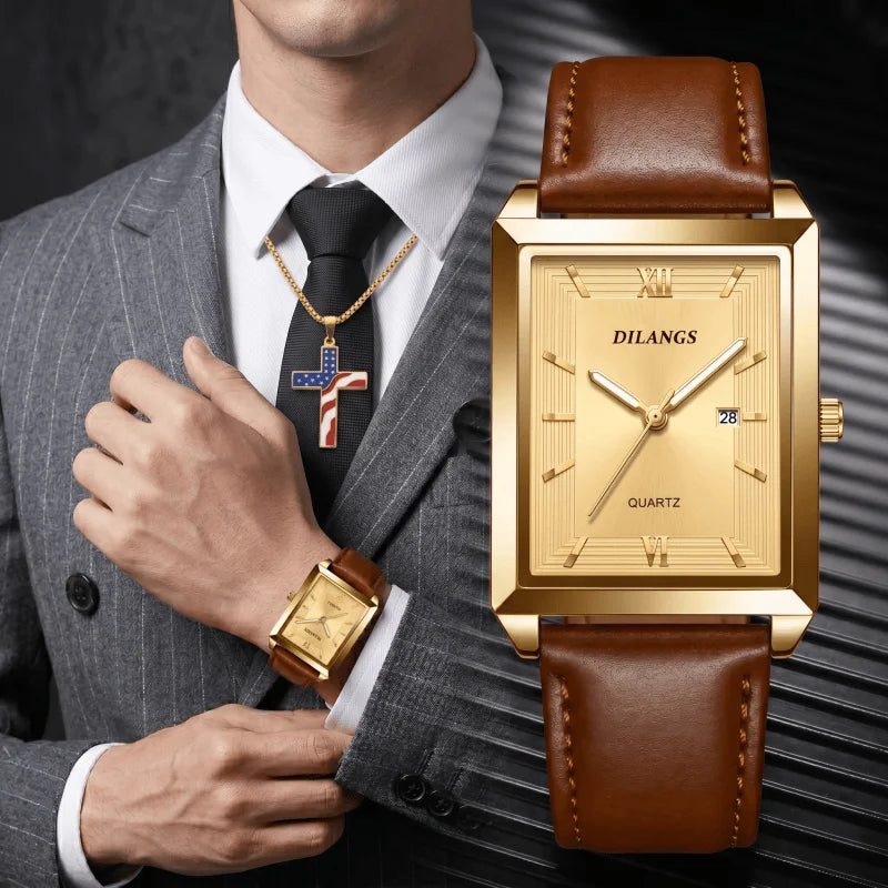 2pcs/set Mens Watches + Necklace Fashion Brand Square Quartz Watch for Man Business Casual Leather Belt Clock Men Gift Relogios