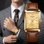 2pcs/set Mens Watches + Necklace Fashion Brand Square Quartz Watch for Man Business Casual Leather Belt Clock Men Gift Relogios