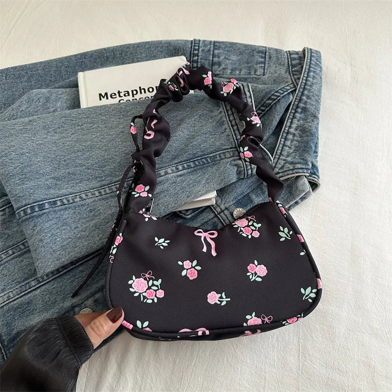 Women's Bags 2025 Summer Nylon Pleated Handbags Armpit Bag Korean Floral Bow Printed Zipper Tote Bag Female Small Shoulder Bags