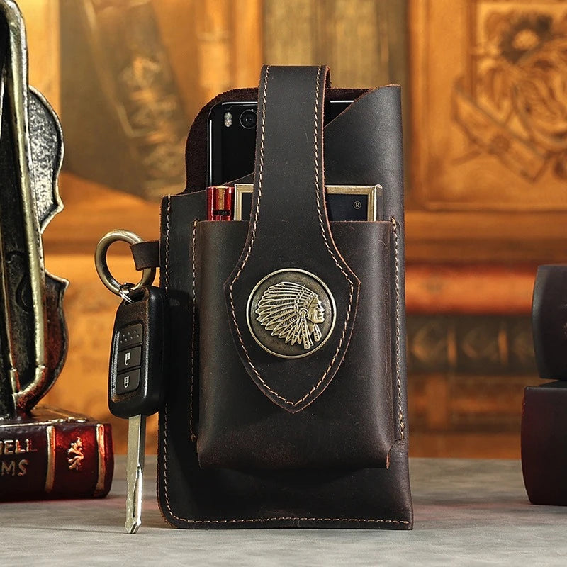 Men's Genuine Leather Retro Mobile Phone Bag Fanny Pack Sports Tactical Belt Pouch Waist Pack Hip Sack