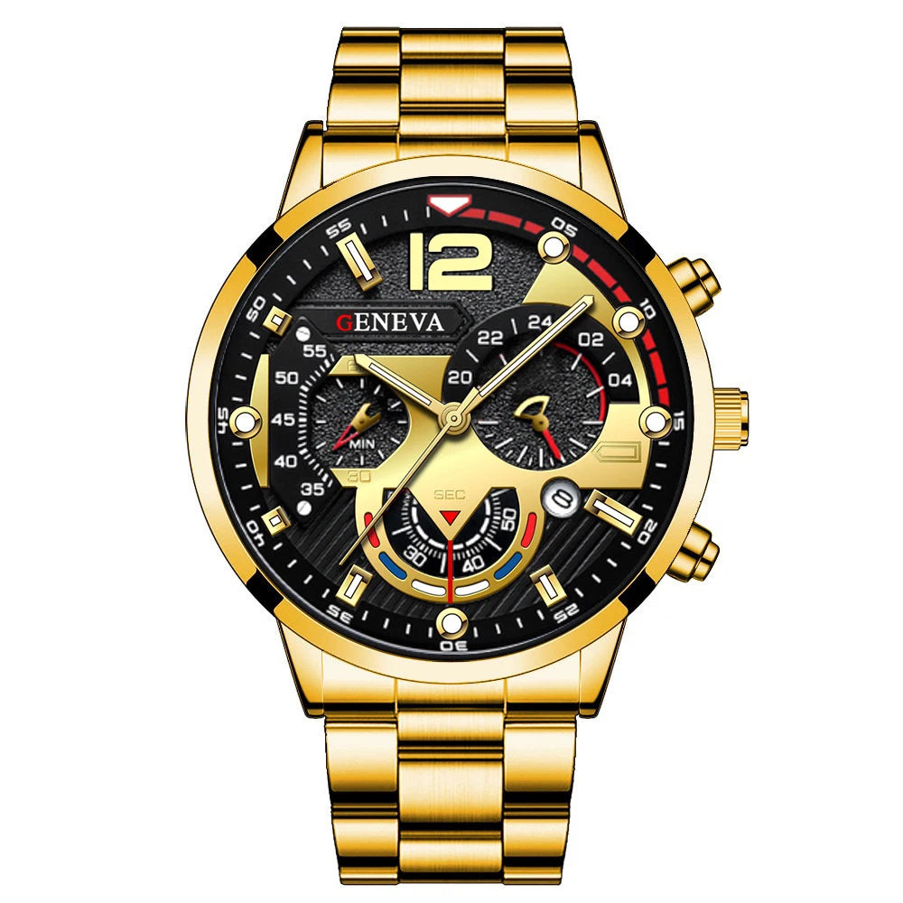 Fashion Men's Watches Stainless Steel Band Analog Quartz Wristwatch with Calendar