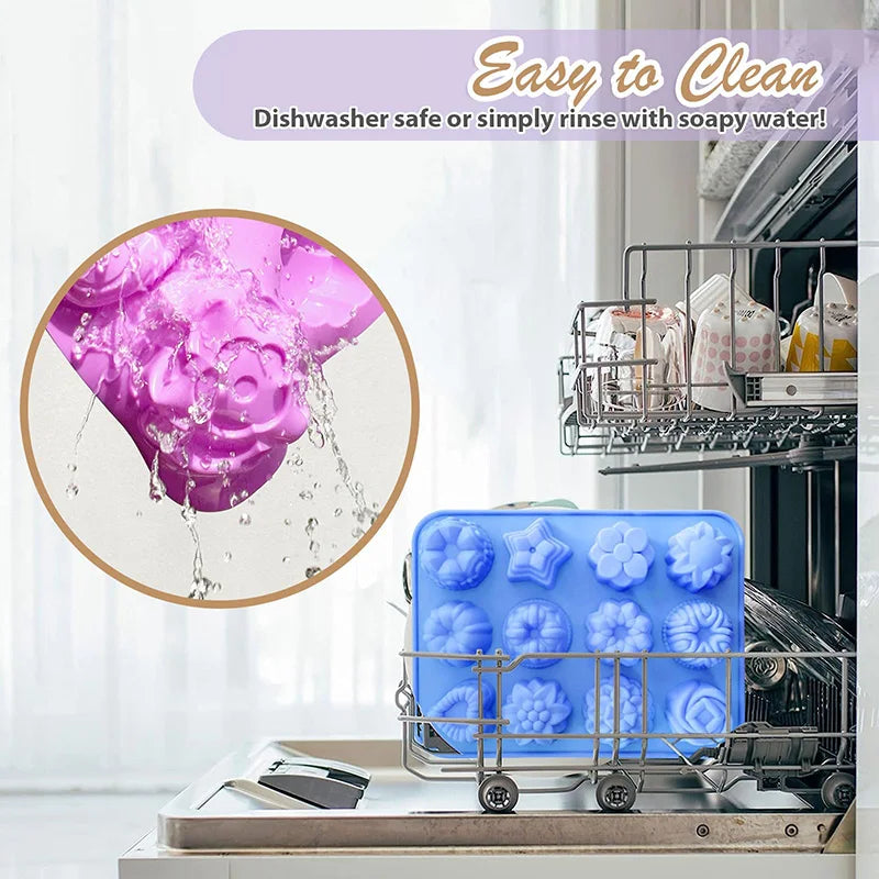 12-Cavity Silicone Flower Molds Non-Stick Jello Mold Baking Pans Ice Cube Trays for Kitchen Making Candy Chocolate Muffin Jelly