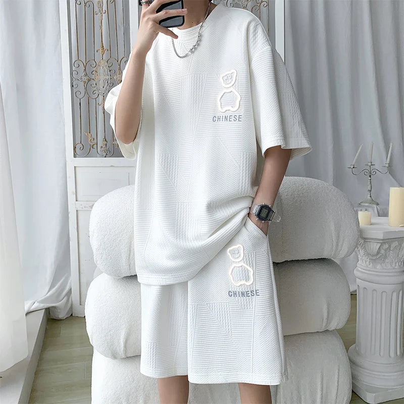 Casual Sportswear Set for Men Short Sleeve Five-Piece Pants Polyester Fiber Summer Collection Big Size T-Shirt And Shorts