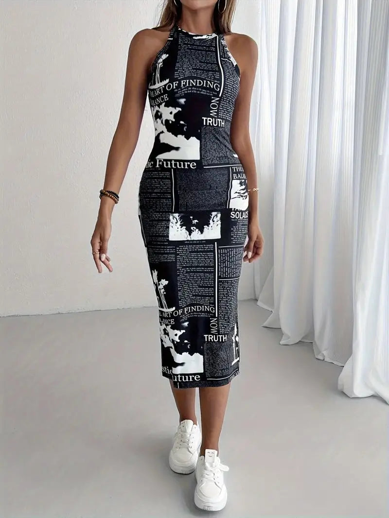 Women's Slim Fit Mid-Length Sleeveless Hanging Neck Dress Sexy Tight Fitting Summer Spicy Slimming Girl Dress