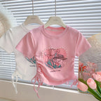 Summer Short Sleeved T-shirt Girls Fashionable Drawstring Top 3-8 Years Old Girl Pearl Love Sweet Cartoon Print Pullover