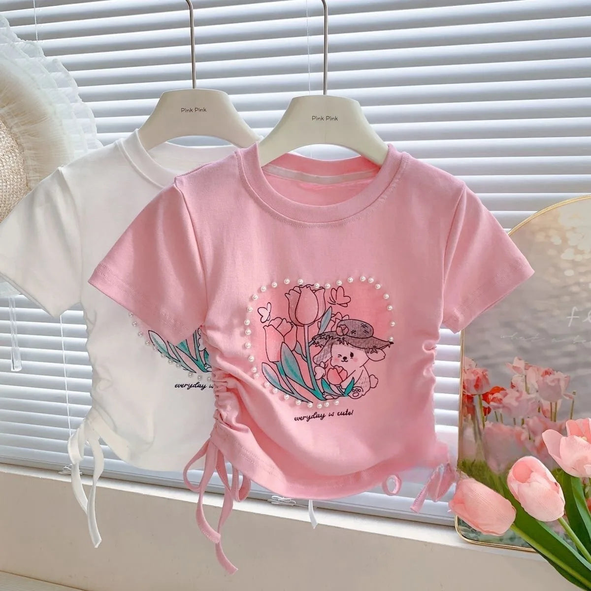 Summer Short Sleeved T-shirt Girls Fashionable Drawstring Top 3-8 Years Old Girl Pearl Love Sweet Cartoon Print Pullover