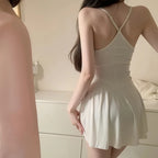 Women Sexy Halter Backless Slim V-neck  Mini Dress Smooth  Allure Pleated Micro MINI Dress Fashion Uniform Party Night Outfits