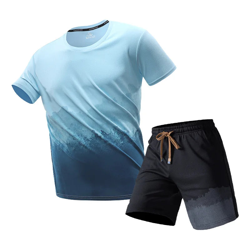 Men Summer T-Shirts Sets Outdoor Run Fitness Clothing Fashion Sports Short Sleeve Top Shorts Suit Daily Leisure Two-Piece Outfit
