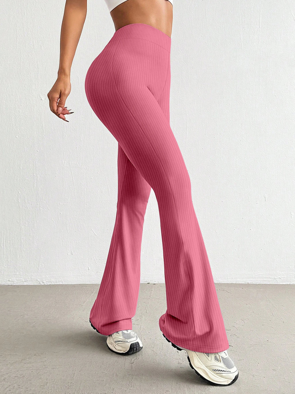 High-Waisted Ribbed Flared Pants Same Style as European and American Fashion Bloggers Elastic Slim-Fit Leg-Lengthening Casual