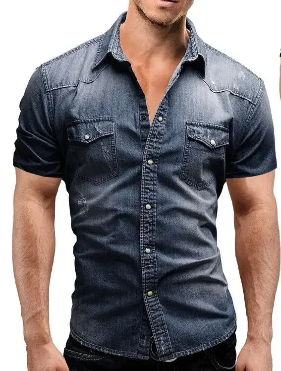 New 2026 Men's Denim Shirt Fashion Short Sleeve Soft Solid Slim Cowboy Tops Men Trend Streetwear Vintage Casual Cardigan T-shirt