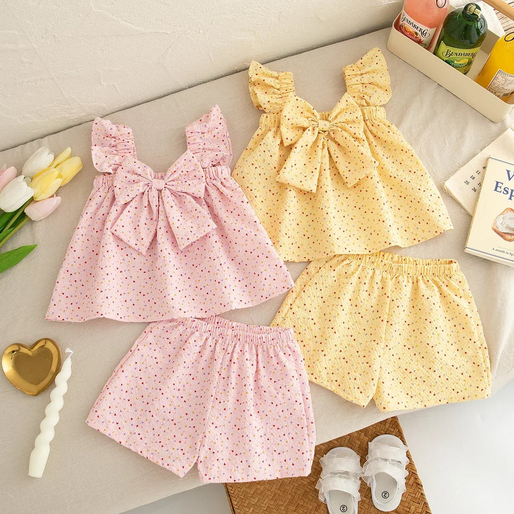 2-piece Summer Sleeveless Love Baby Girl Set Bow Tie Camisole Top+shorts 0-3 Years Old Baby Set Holiday Children's Clothing