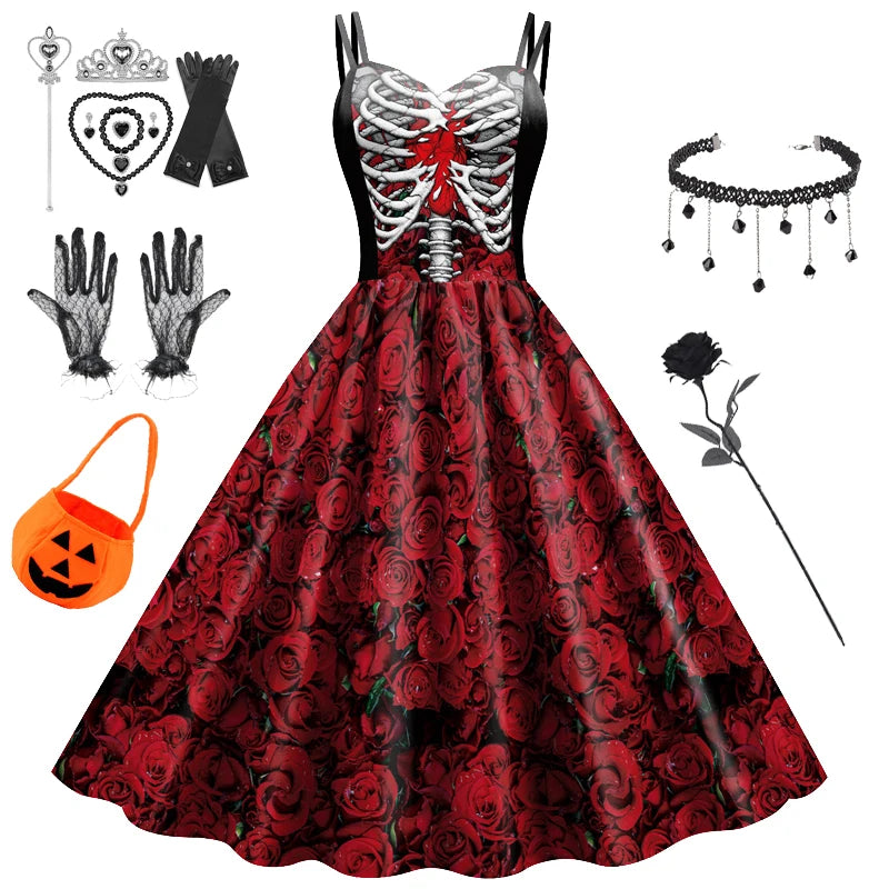 Halloween Costume Girl Fancy Skeleton Rose Print Dress Halloween Ghost Bride Vampire Cosplay Dress Kids Carnival Party Clothes