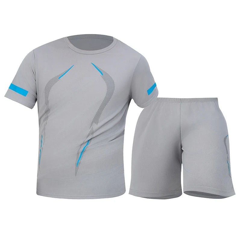2-Piece Four Seasons Men's Short Sleeve Set Printed Quick Drying T-shirt for Youth Sports Fitness Running Comfortable and Casual